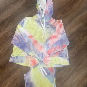 Nike Yellow and Purple Tie-Dye Track Pants,hoodie, and sports bra.